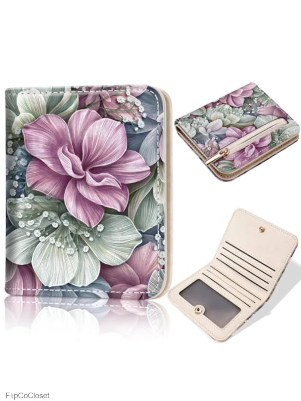 Small Floral Bifold Wallet Faux Leather RFID Zip Coin Pocket ID Window